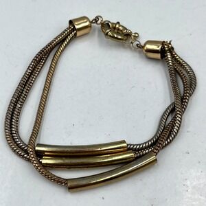 Vintage Gold Tone Multi Strand Snake Chain Bracelet Triple Tube Slide Statement
